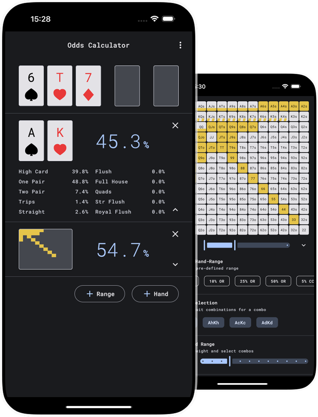 Poker Odds Calculator App Screenshots - Texas Hold'em Hand Equity and Probability Interface